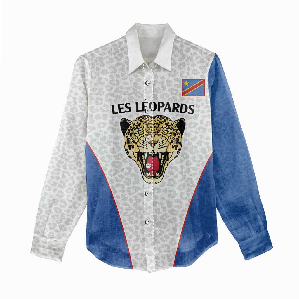 Africa DR Congo Football Custom Women Casual Shirt White Leopard Skin Pattern - African Pride
