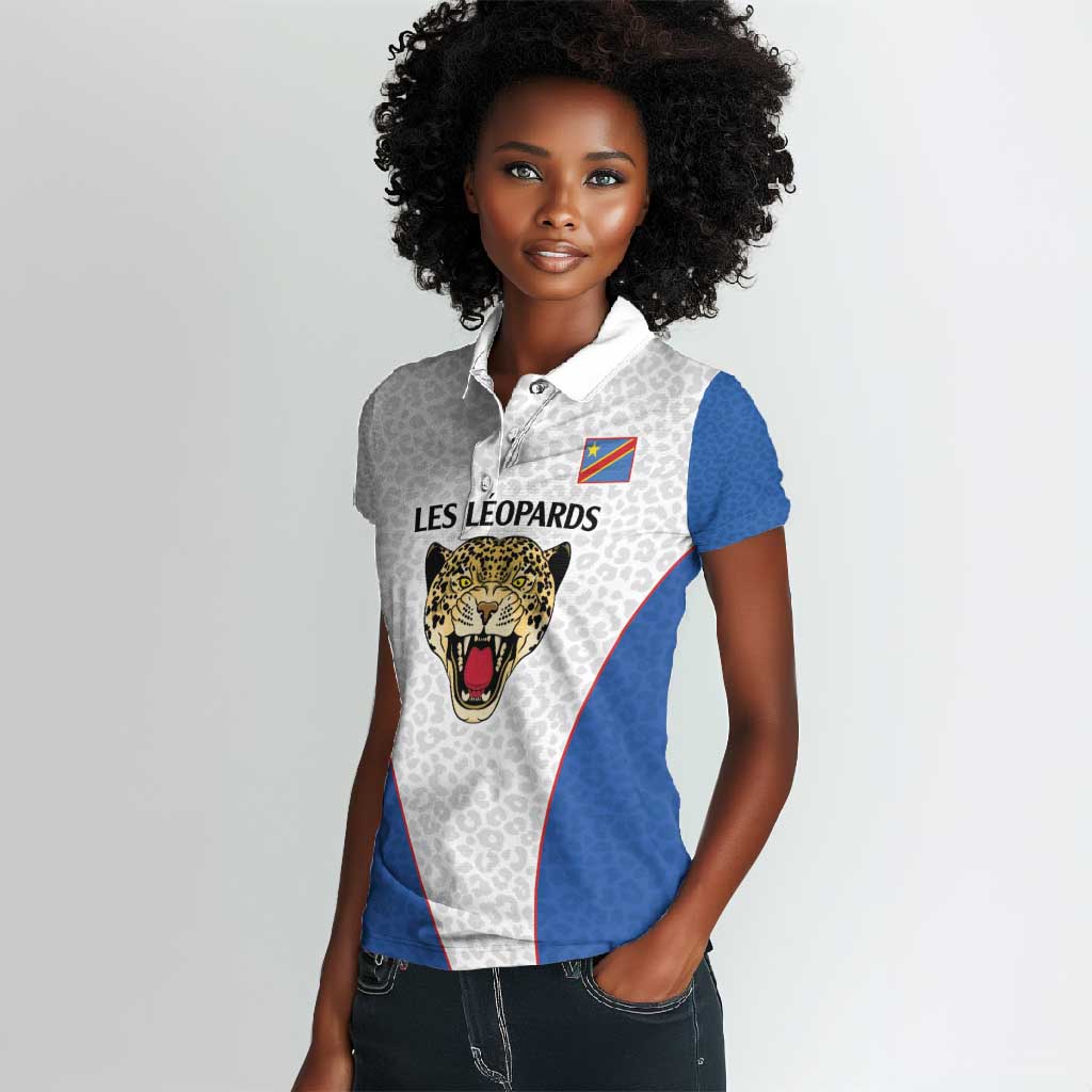 Africa DR Congo Football Custom Women Polo Shirt White Leopard Skin Pattern - African Pride