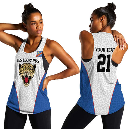 Africa DR Congo Football Custom Women Racerback Tank White Leopard Skin Pattern - African Pride