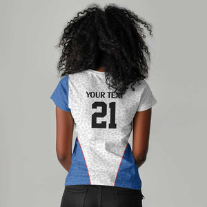 Africa DR Congo Football Custom Women V-Neck T-Shirt White Leopard Skin Pattern - African Pride