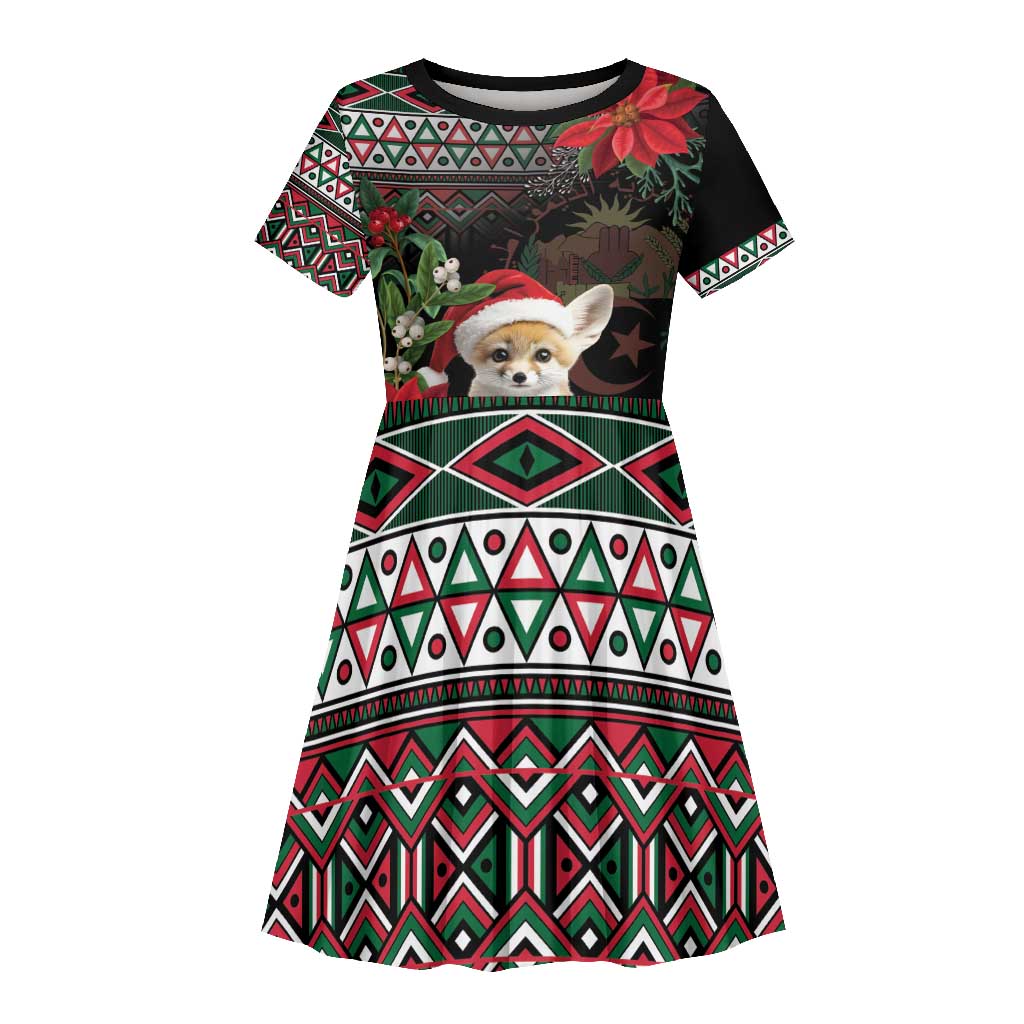 Algeria Christmas Personalized Kid Short Sleeve Dress Fennec Fox Santa and Traditional Pattern