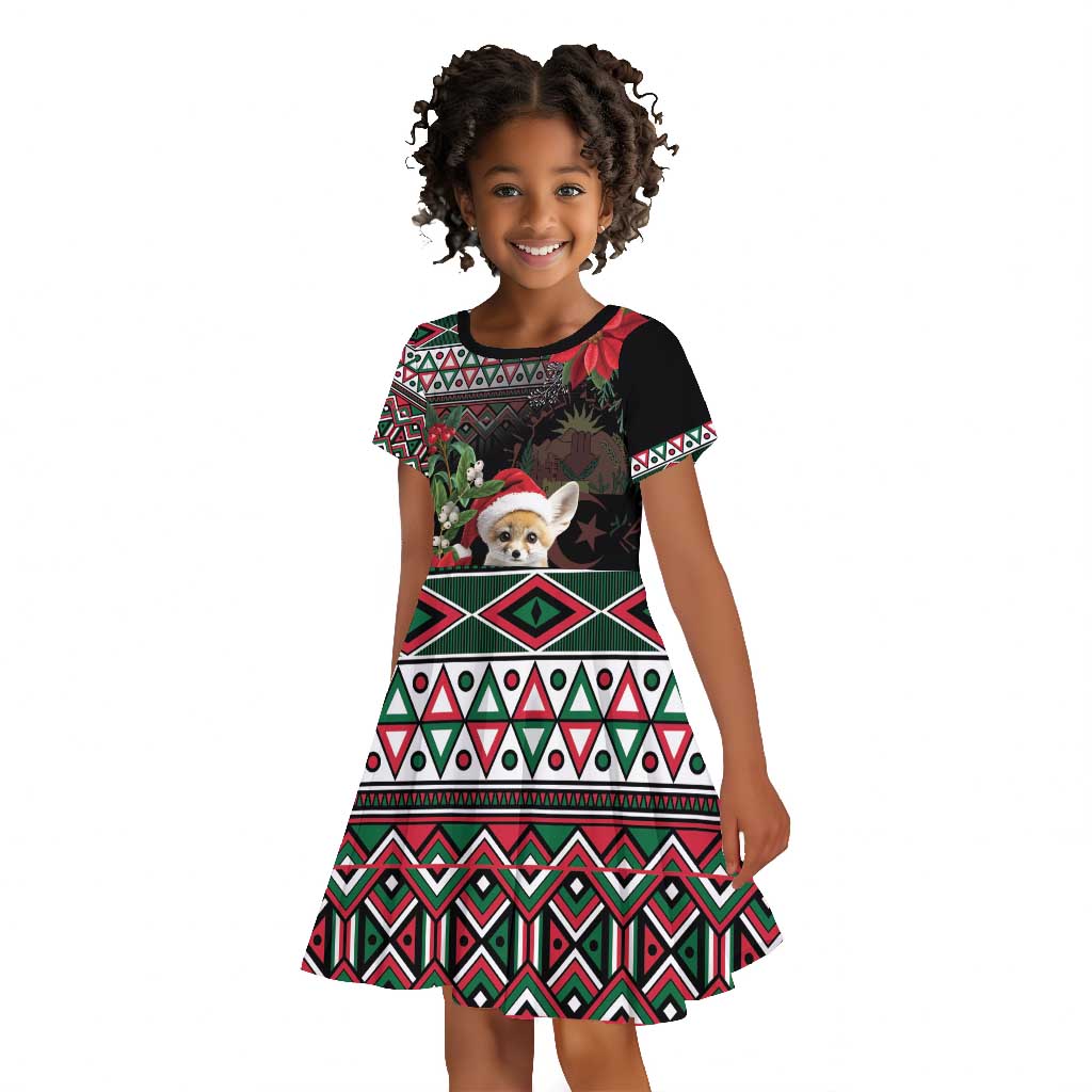 Algeria Christmas Personalized Kid Short Sleeve Dress Fennec Fox Santa and Traditional Pattern