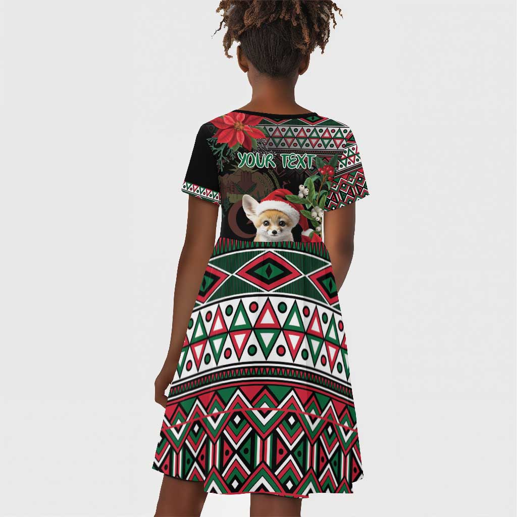 Algeria Christmas Personalized Kid Short Sleeve Dress Fennec Fox Santa and Traditional Pattern