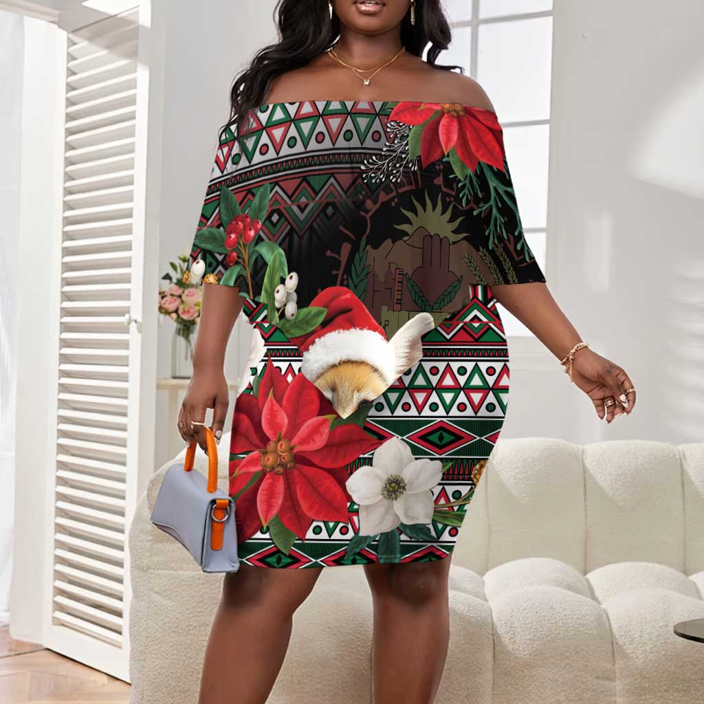 Algeria Christmas Personalized Off Shoulder Short Dress Fennec Fox Santa and Traditional Pattern
