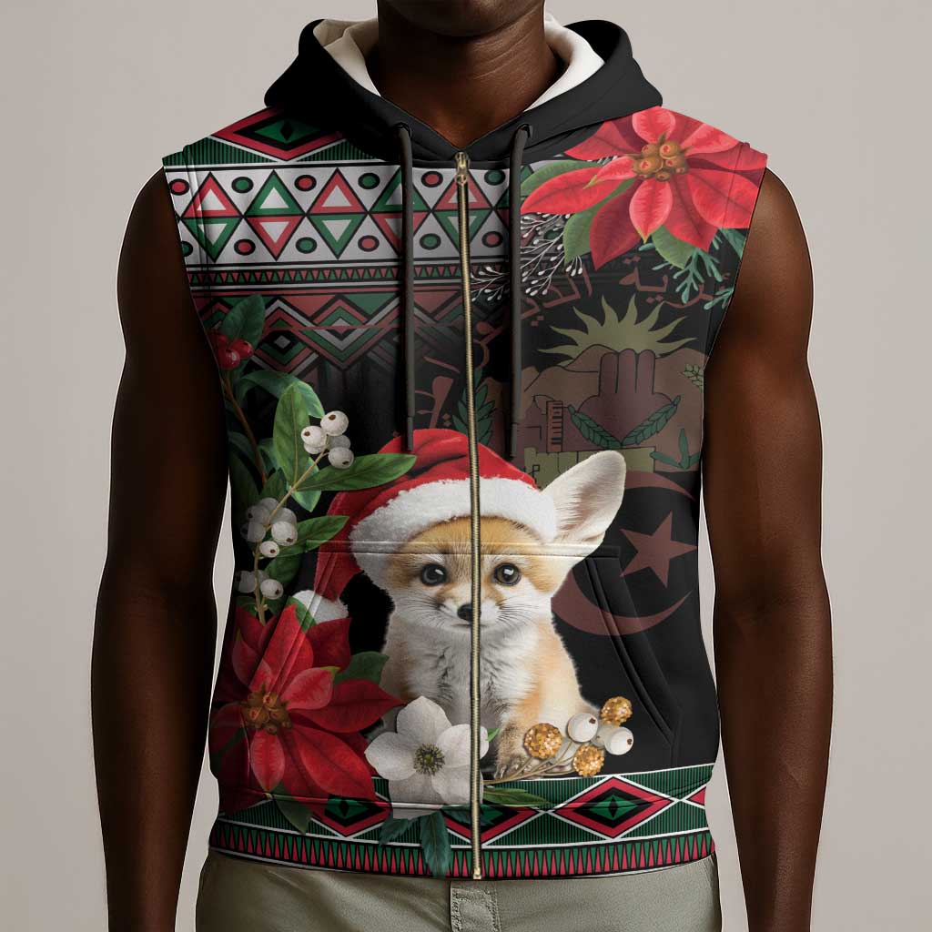 Algeria Christmas Personalized Sleeveless Zip Hoodie Fennec Fox Santa and Traditional Pattern - African Pride