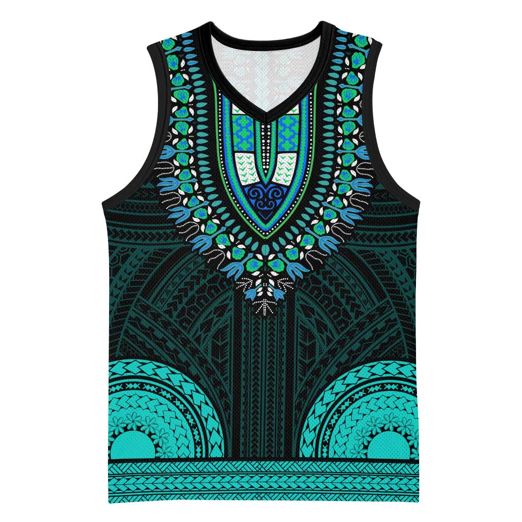 African Dashiki and Polynesian Pattern Basketball Jersey Teal - African Pride