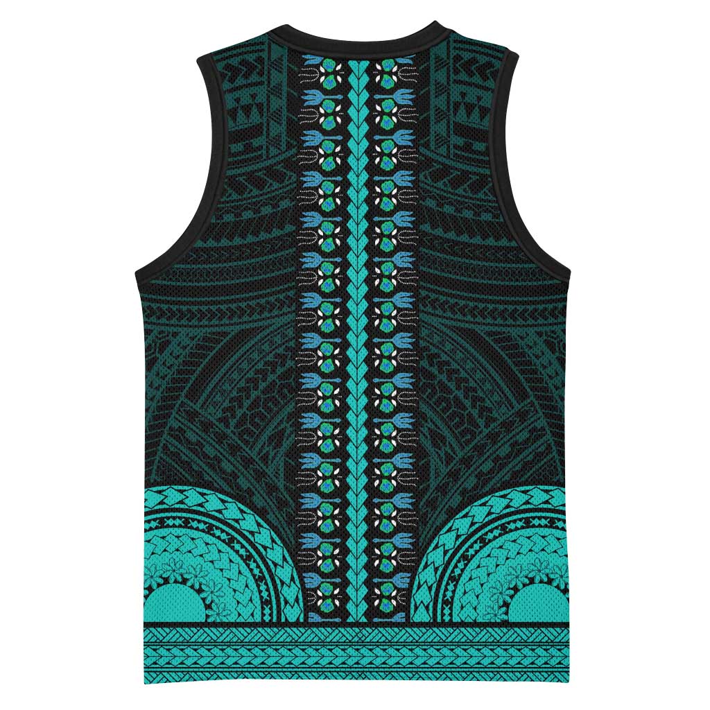 African Dashiki and Polynesian Pattern Basketball Jersey Teal - African Pride