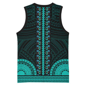 African Dashiki and Polynesian Pattern Basketball Jersey Teal - African Pride
