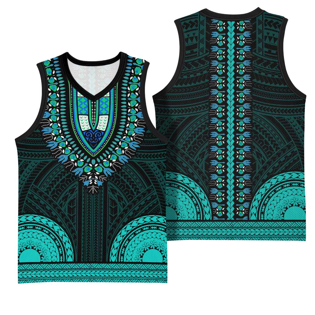 African Dashiki and Polynesian Pattern Basketball Jersey Teal - African Pride