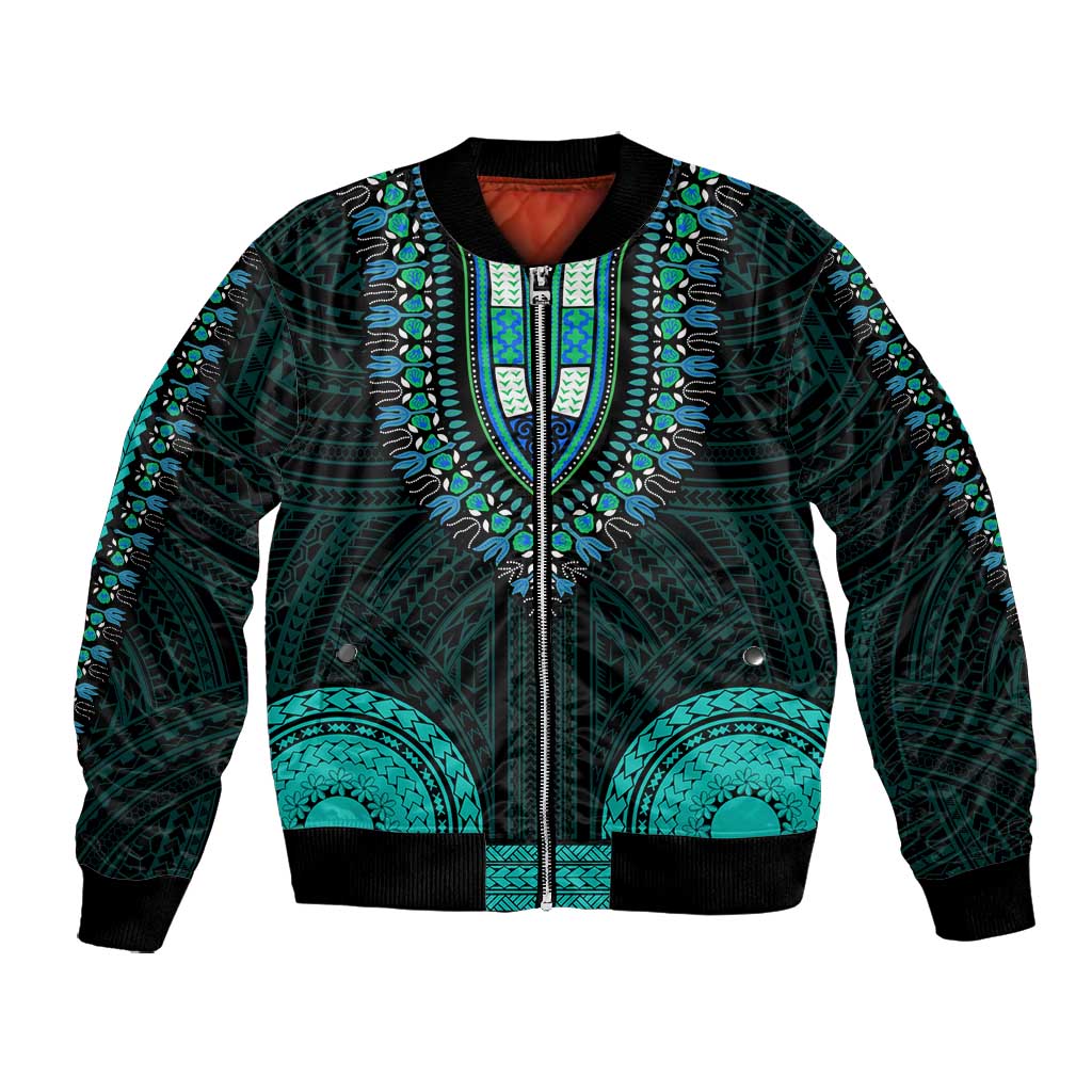 African Dashiki and Polynesian Pattern Bomber Jacket Teal