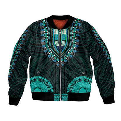 African Dashiki and Polynesian Pattern Bomber Jacket Teal
