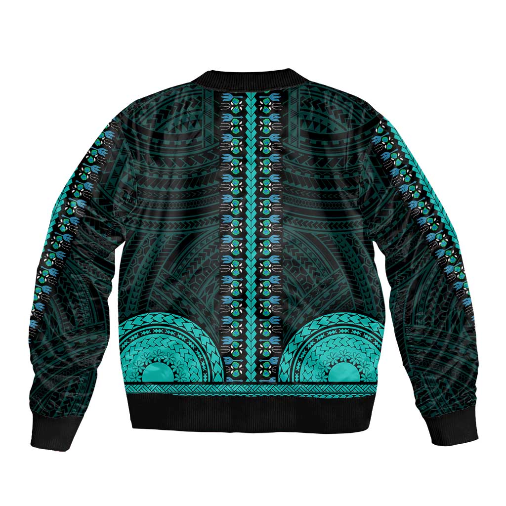 African Dashiki and Polynesian Pattern Bomber Jacket Teal