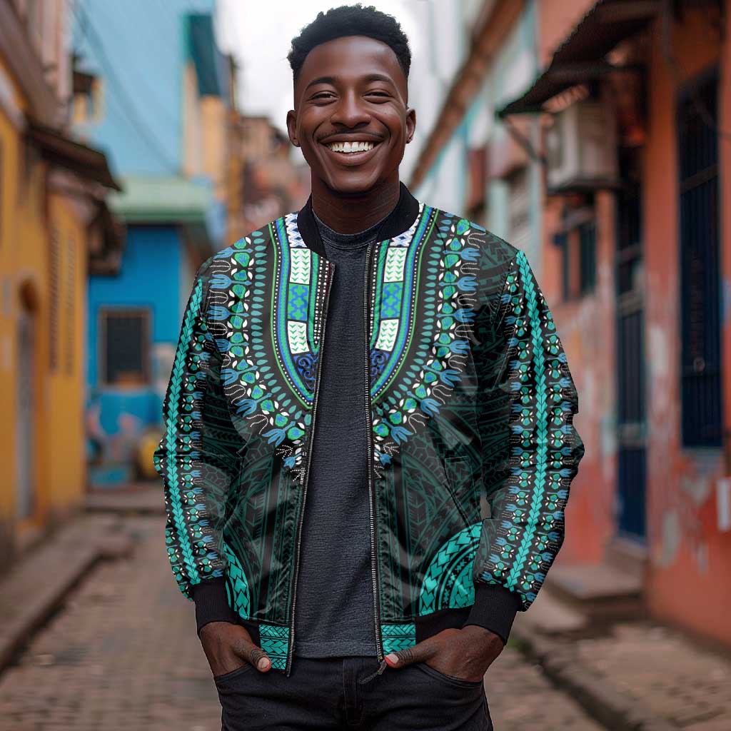African Dashiki and Polynesian Pattern Bomber Jacket Teal