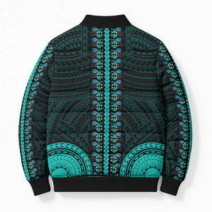 African Dashiki and Polynesian Pattern Bomber Puffer Jacket Teal