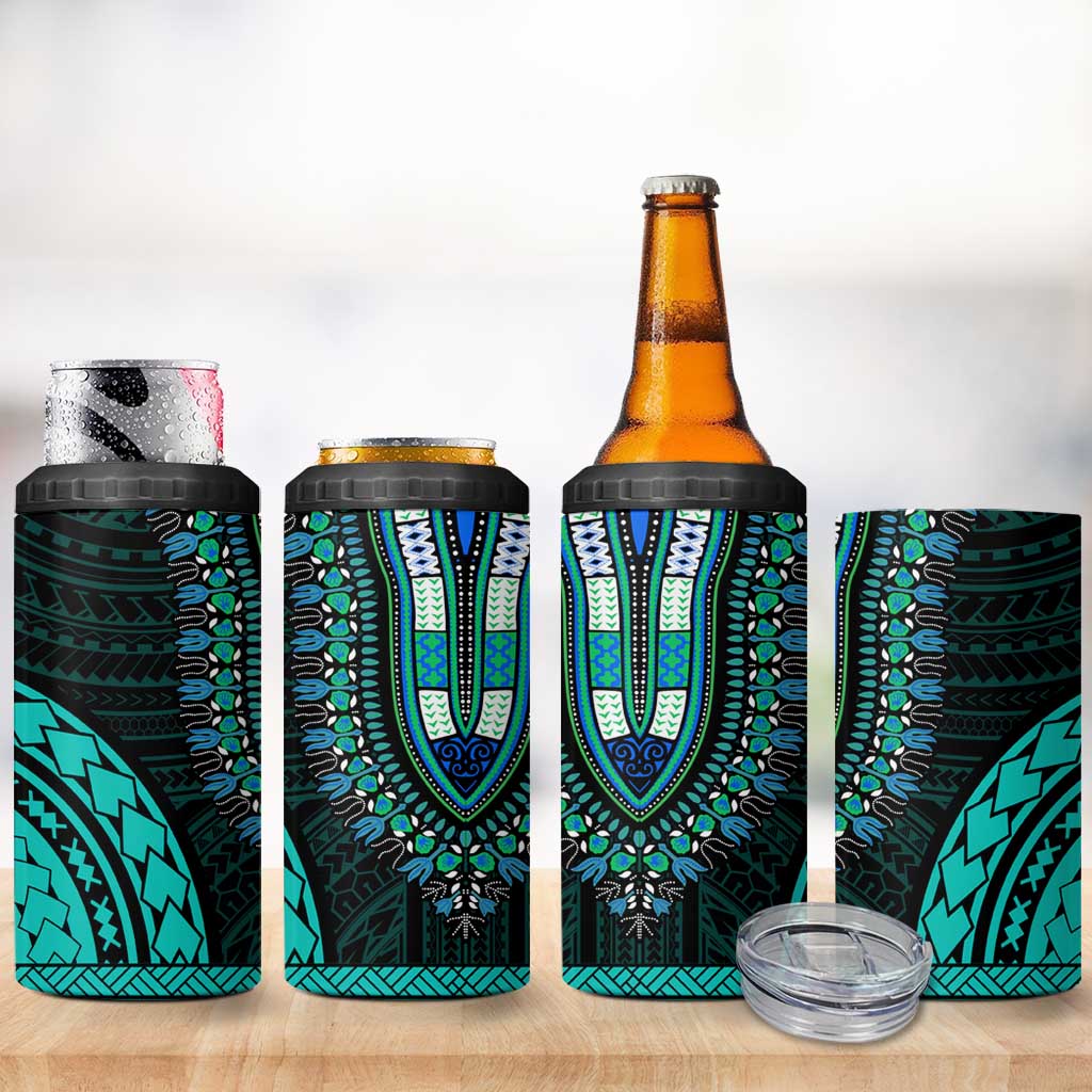 African Dashiki and Polynesian Pattern 4 in 1 Can Cooler Tumbler Teal