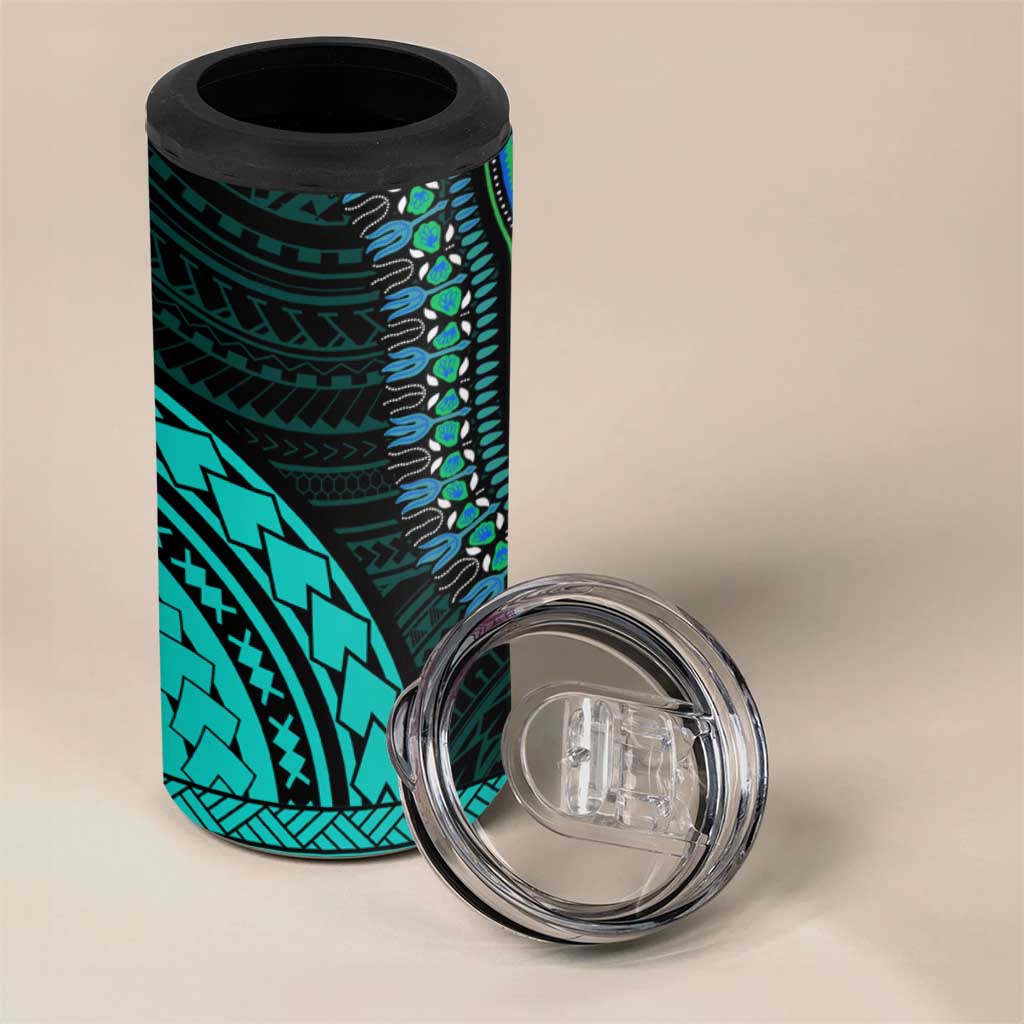 African Dashiki and Polynesian Pattern 4 in 1 Can Cooler Tumbler Teal