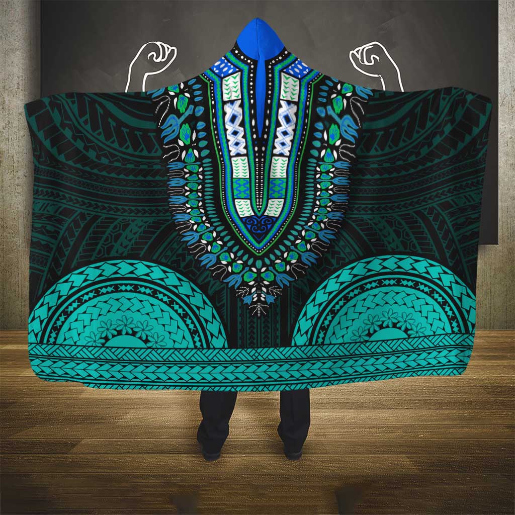 African Dashiki and Polynesian Pattern Hooded Blanket Teal