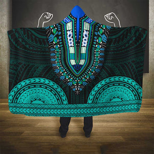 African Dashiki and Polynesian Pattern Hooded Blanket Teal