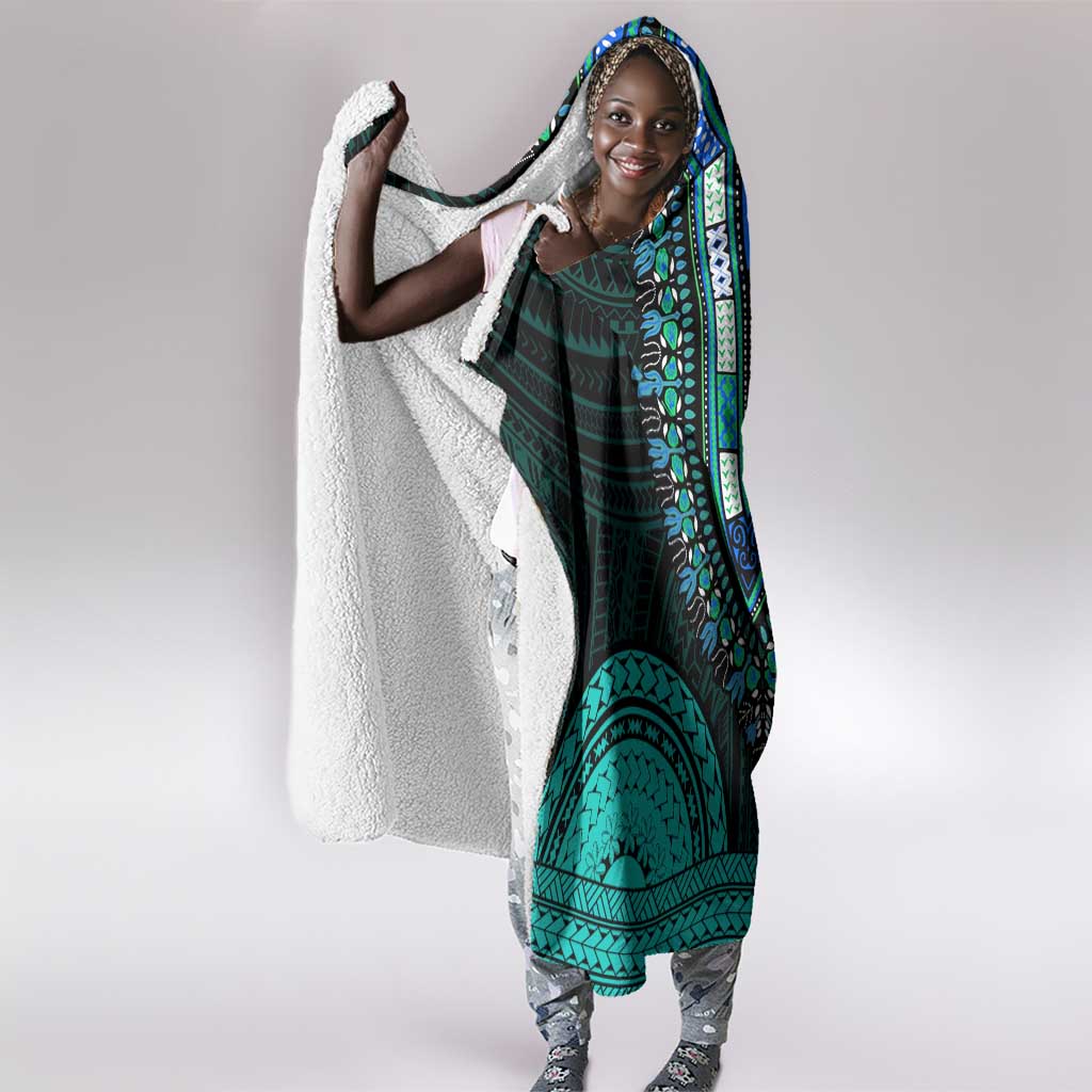 African Dashiki and Polynesian Pattern Hooded Blanket Teal