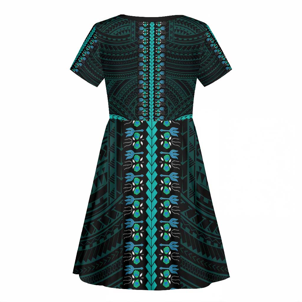 African Dashiki and Polynesian Pattern Kid Short Sleeve Dress Teal