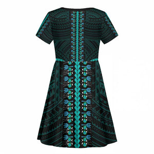 African Dashiki and Polynesian Pattern Kid Short Sleeve Dress Teal