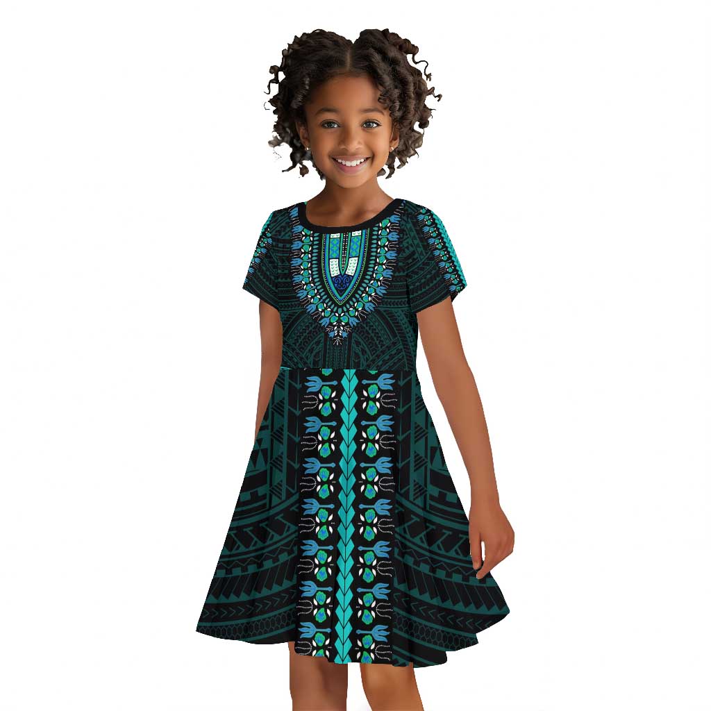 African Dashiki and Polynesian Pattern Kid Short Sleeve Dress Teal