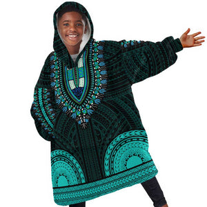 African Dashiki and Polynesian Pattern Kid Wearable Blanket Hoodie Teal
