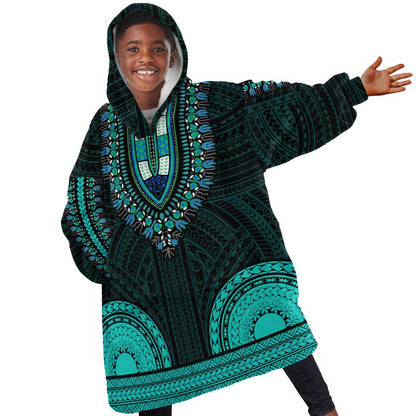 African Dashiki and Polynesian Pattern Kid Wearable Blanket Hoodie Teal