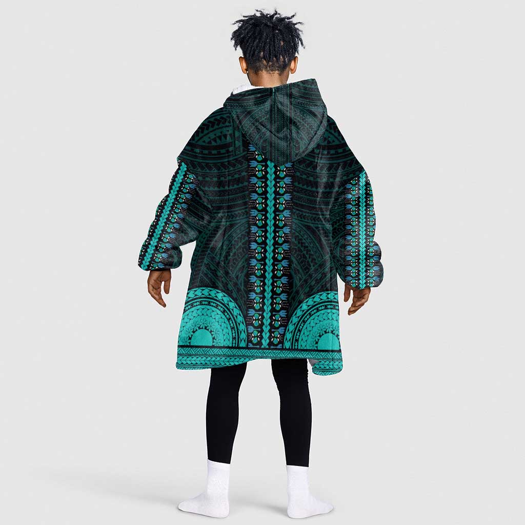 African Dashiki and Polynesian Pattern Kid Wearable Blanket Hoodie Teal