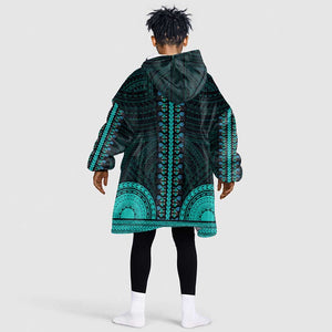 African Dashiki and Polynesian Pattern Kid Wearable Blanket Hoodie Teal