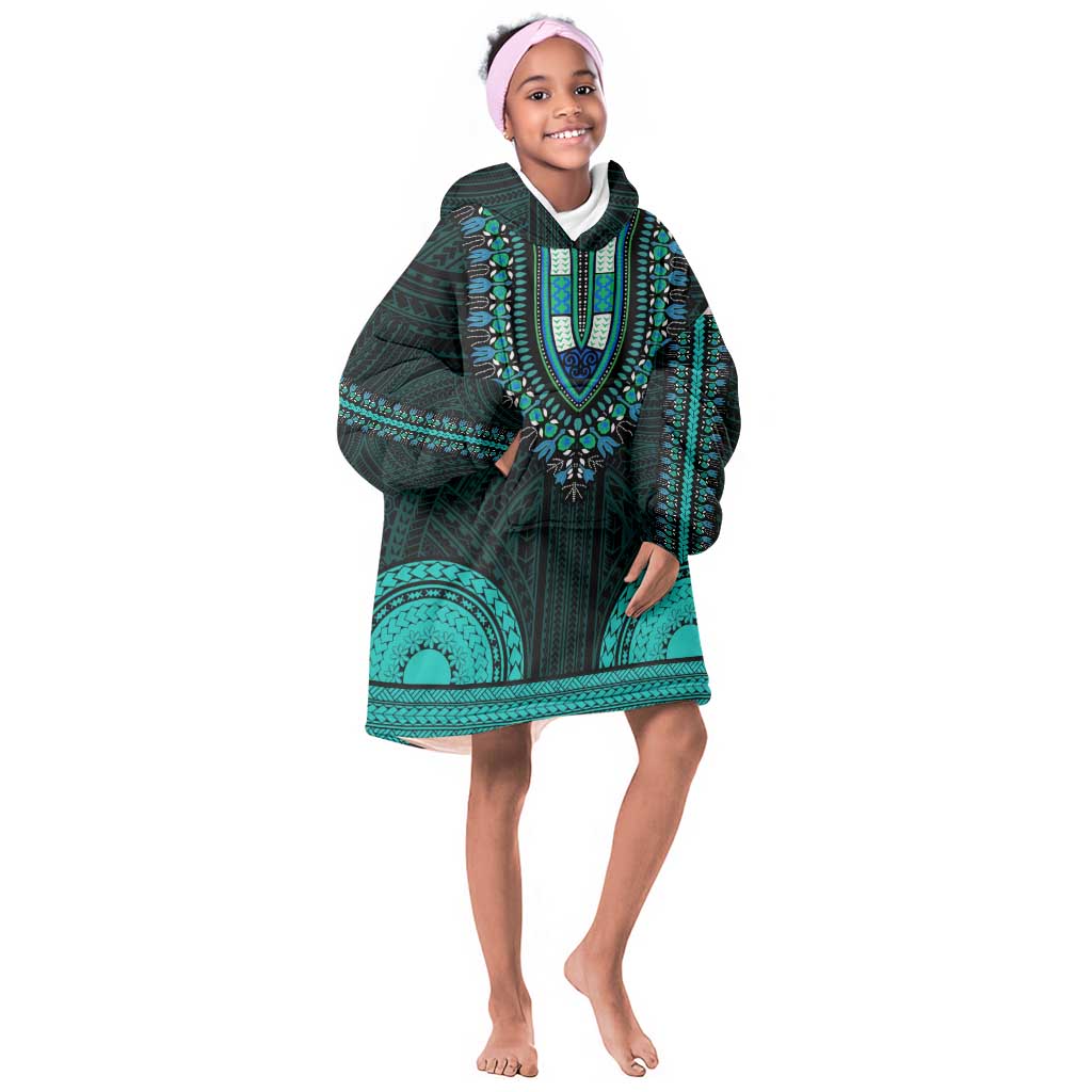 African Dashiki and Polynesian Pattern Kid Wearable Blanket Hoodie Teal