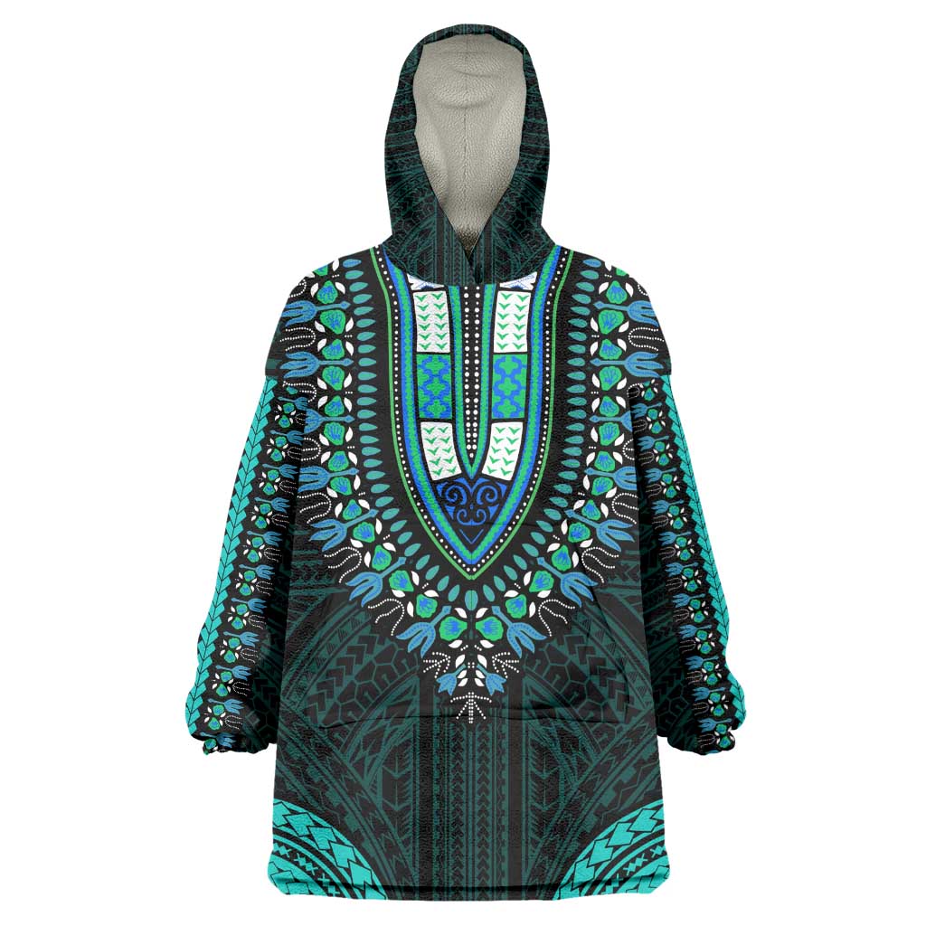 African Dashiki and Polynesian Pattern Kid Wearable Blanket Hoodie Teal