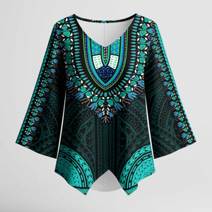 African Dashiki and Polynesian Pattern Kimono Sleeve Blouse Teal
