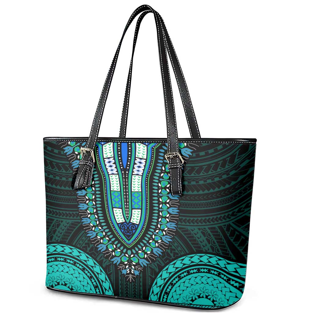 African Dashiki and Polynesian Pattern Leather Tote Bag Teal