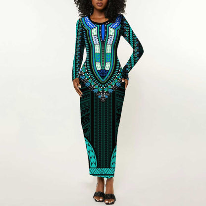 African Dashiki and Polynesian Pattern Long Sleeve Bodycon Dress Teal LT9