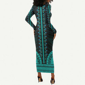 African Dashiki and Polynesian Pattern Long Sleeve Bodycon Dress Teal LT9