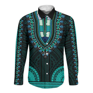 African Dashiki and Polynesian Pattern Long Sleeve Button Shirt Teal