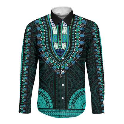 African Dashiki and Polynesian Pattern Long Sleeve Button Shirt Teal