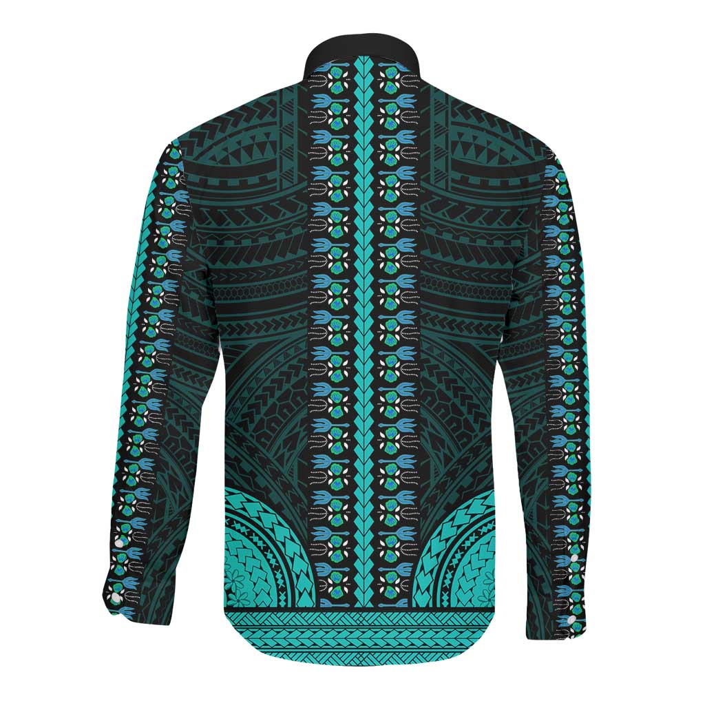African Dashiki and Polynesian Pattern Long Sleeve Button Shirt Teal