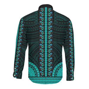 African Dashiki and Polynesian Pattern Long Sleeve Button Shirt Teal