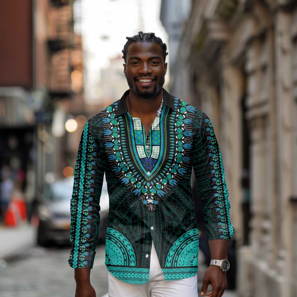 African Dashiki and Polynesian Pattern Long Sleeve Button Shirt Teal