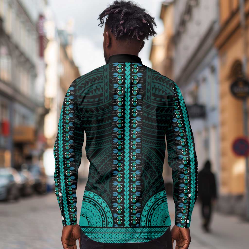 African Dashiki and Polynesian Pattern Long Sleeve Button Shirt Teal