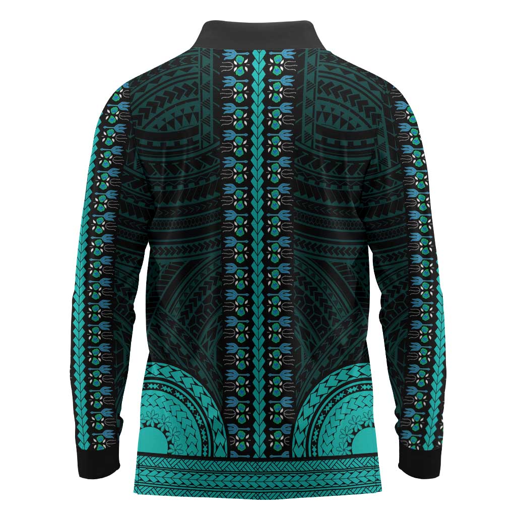 African Dashiki and Polynesian Pattern Long Sleeve Polo Shirt Teal