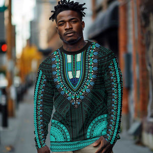 African Dashiki and Polynesian Pattern Long Sleeve Shirt Teal