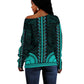 African Dashiki and Polynesian Pattern Off Shoulder Sweater Teal