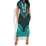 African Dashiki and Polynesian Pattern Short Sleeve Bodycon Dress Teal LT9