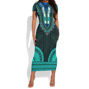 African Dashiki and Polynesian Pattern Short Sleeve Bodycon Dress Teal LT9