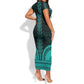 African Dashiki and Polynesian Pattern Short Sleeve Bodycon Dress Teal LT9