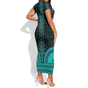 African Dashiki and Polynesian Pattern Short Sleeve Bodycon Dress Teal LT9