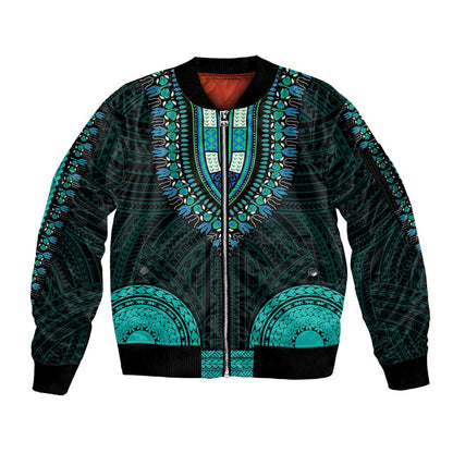 African Dashiki and Polynesian Pattern Sleeve Zip Bomber Jacket Teal